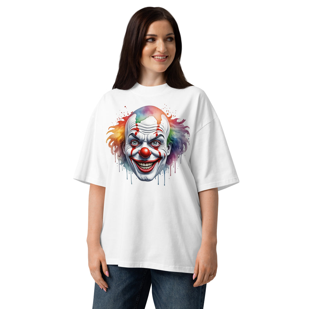 Painted Clown Unisex organic oversized high neck t-shirt — White — Women's model, front