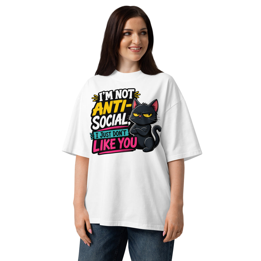 Anti Social Kitty Unisex organic oversized high neck t-shirt — White — front