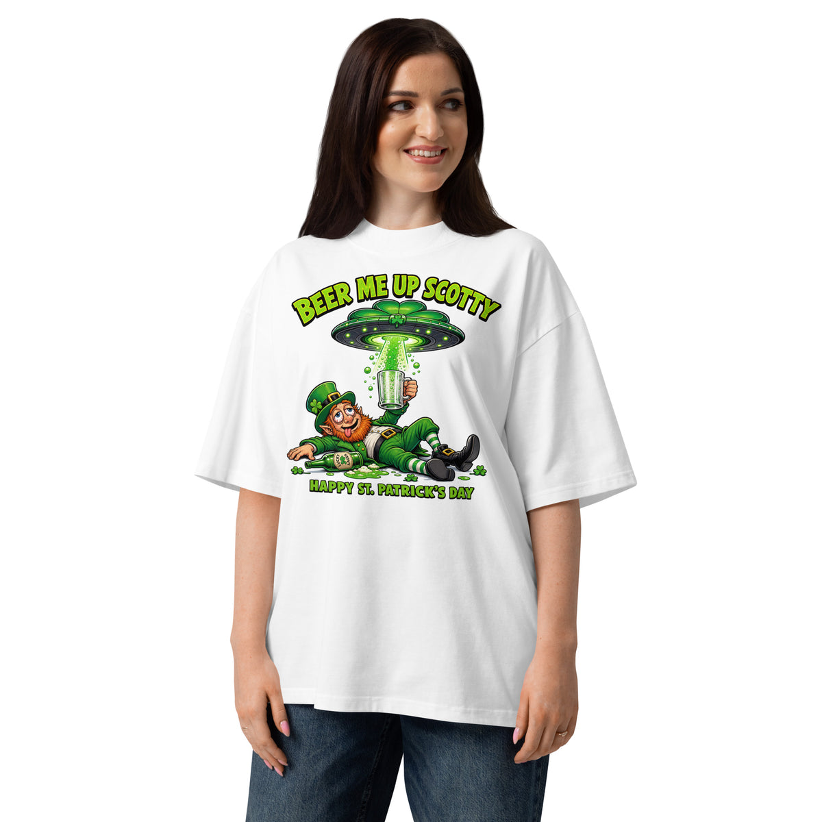 Beer Me Up St Pats Day Unisex organic oversized high neck t-shirt — White — front
