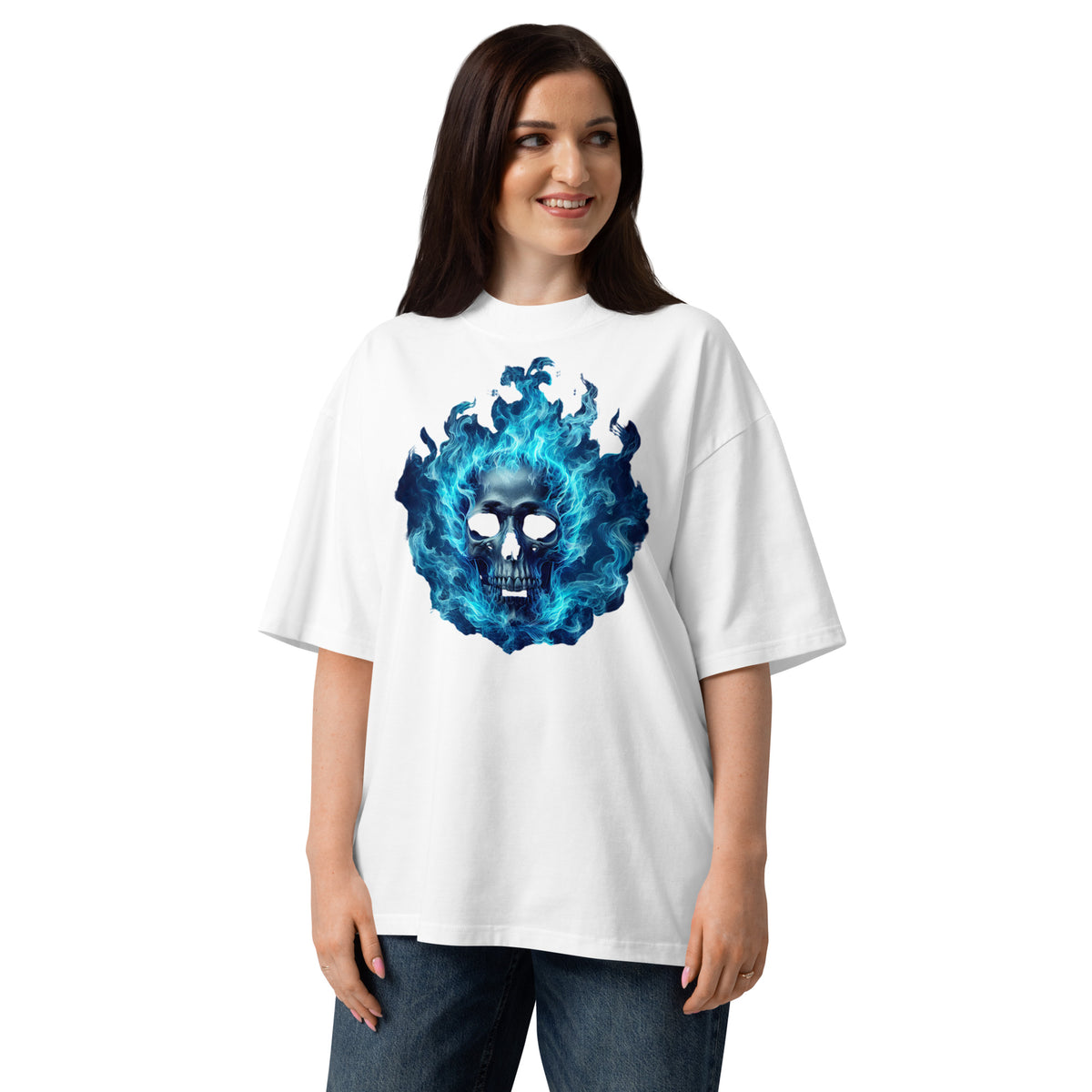 Blue flaming skull Unisex organic oversized high neck t-shirt — White — front