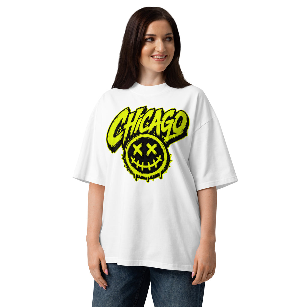Chicago Smiles Unisex organic oversized high neck t-shirt — White — front