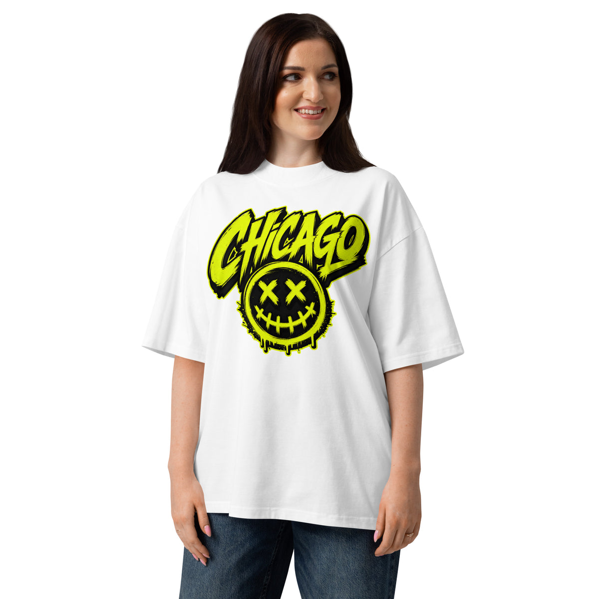 Chicago Smiles Unisex organic oversized high neck t-shirt — White — front