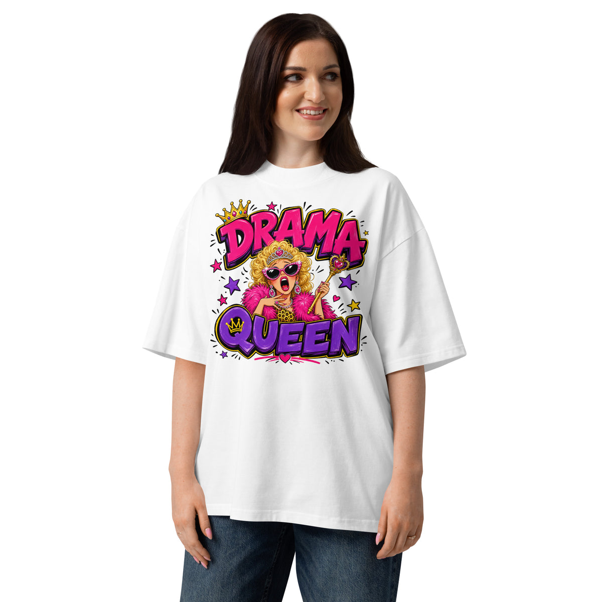 Drama Queen Unisex organic oversized high neck t-shirt — White — front
