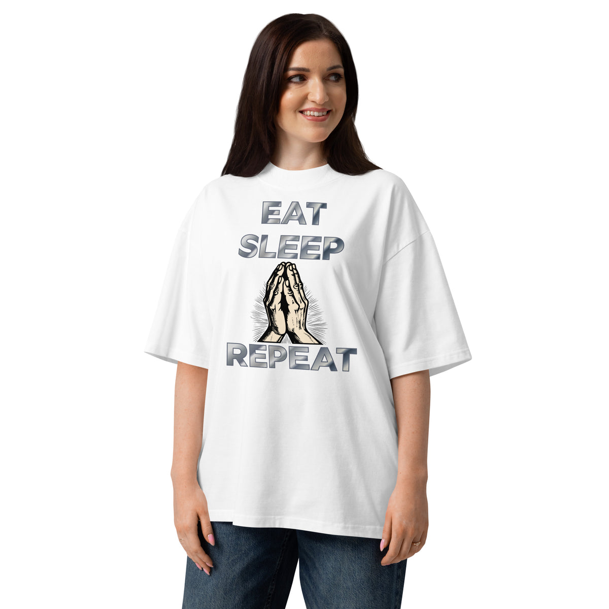 Eat sleep pray Unisex organic oversized high neck t-shirt — White — front