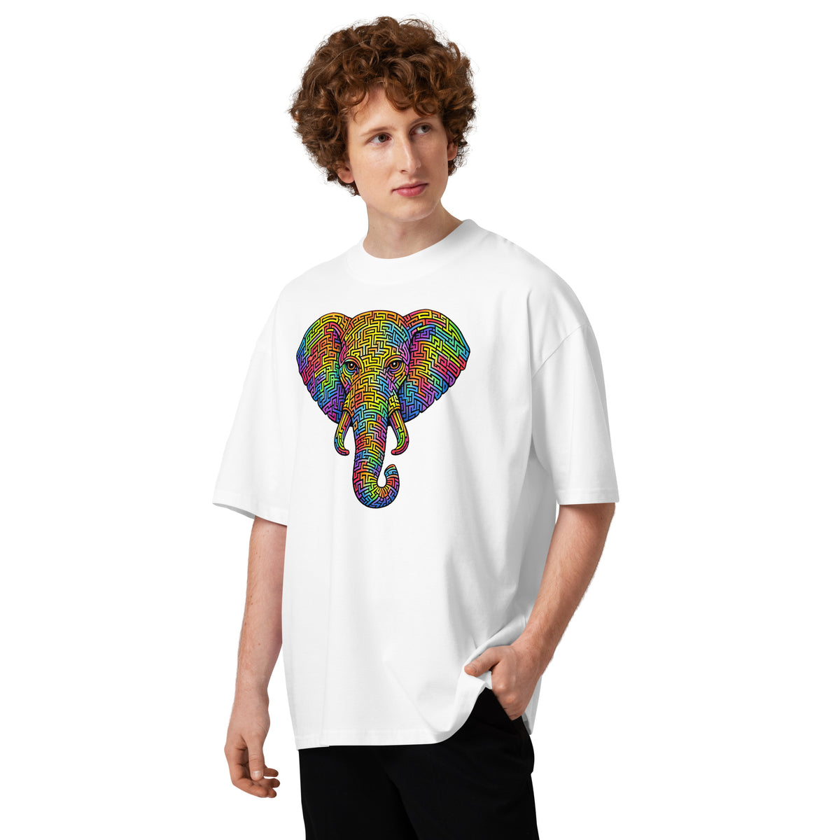 Elephant Face Maze Unisex organic oversized high neck t-shirt — White — front