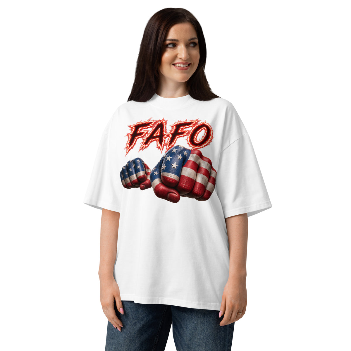 FAFO Fist Unisex organic oversized high neck t-shirt — White — front