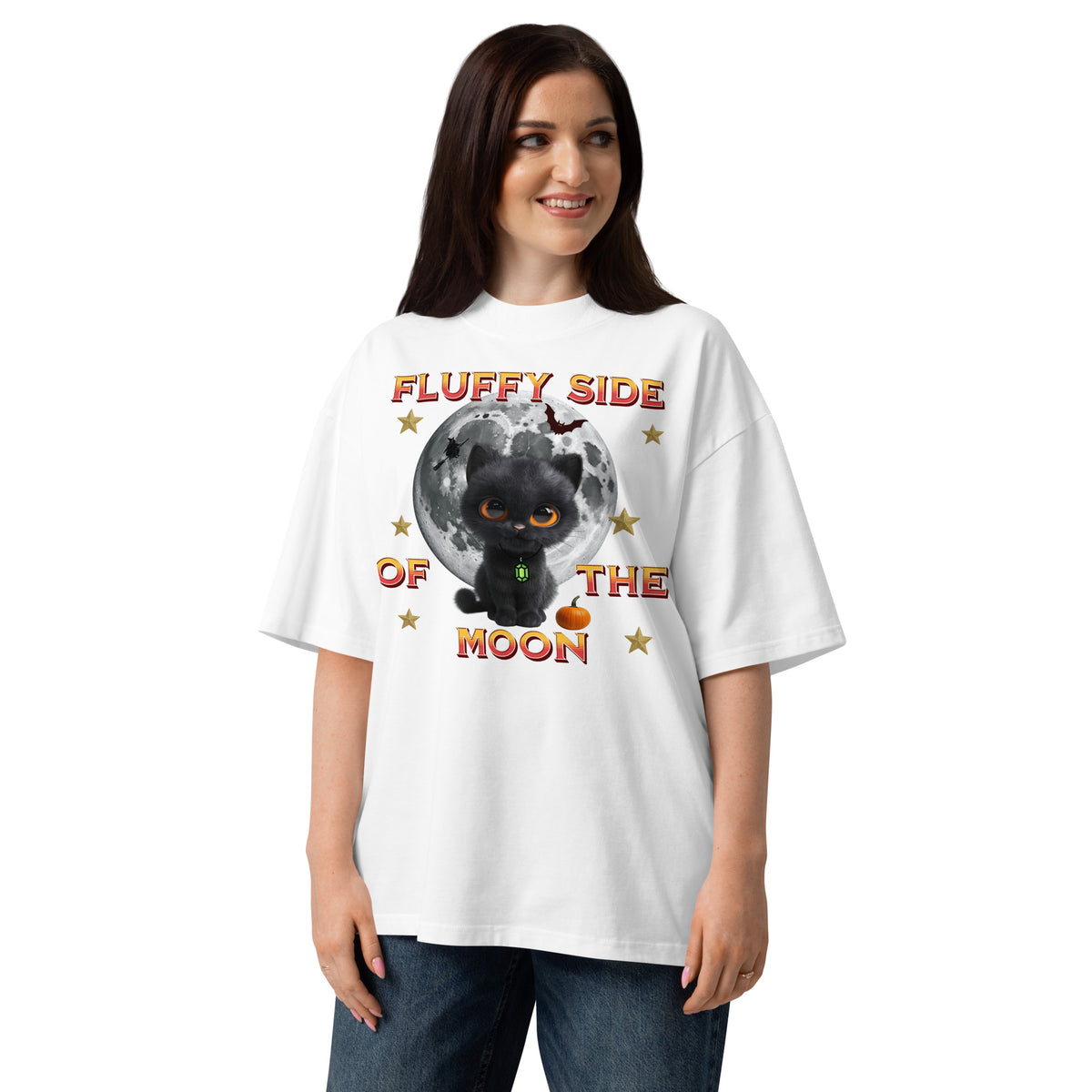 Fluffy Halloween Kitty Unisex organic oversized high neck t-shirt — White — front