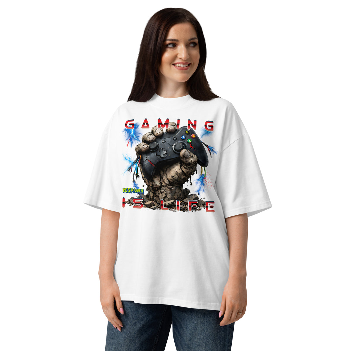 Gaming Is Life Unisex organic oversized high neck t-shirt — White — front