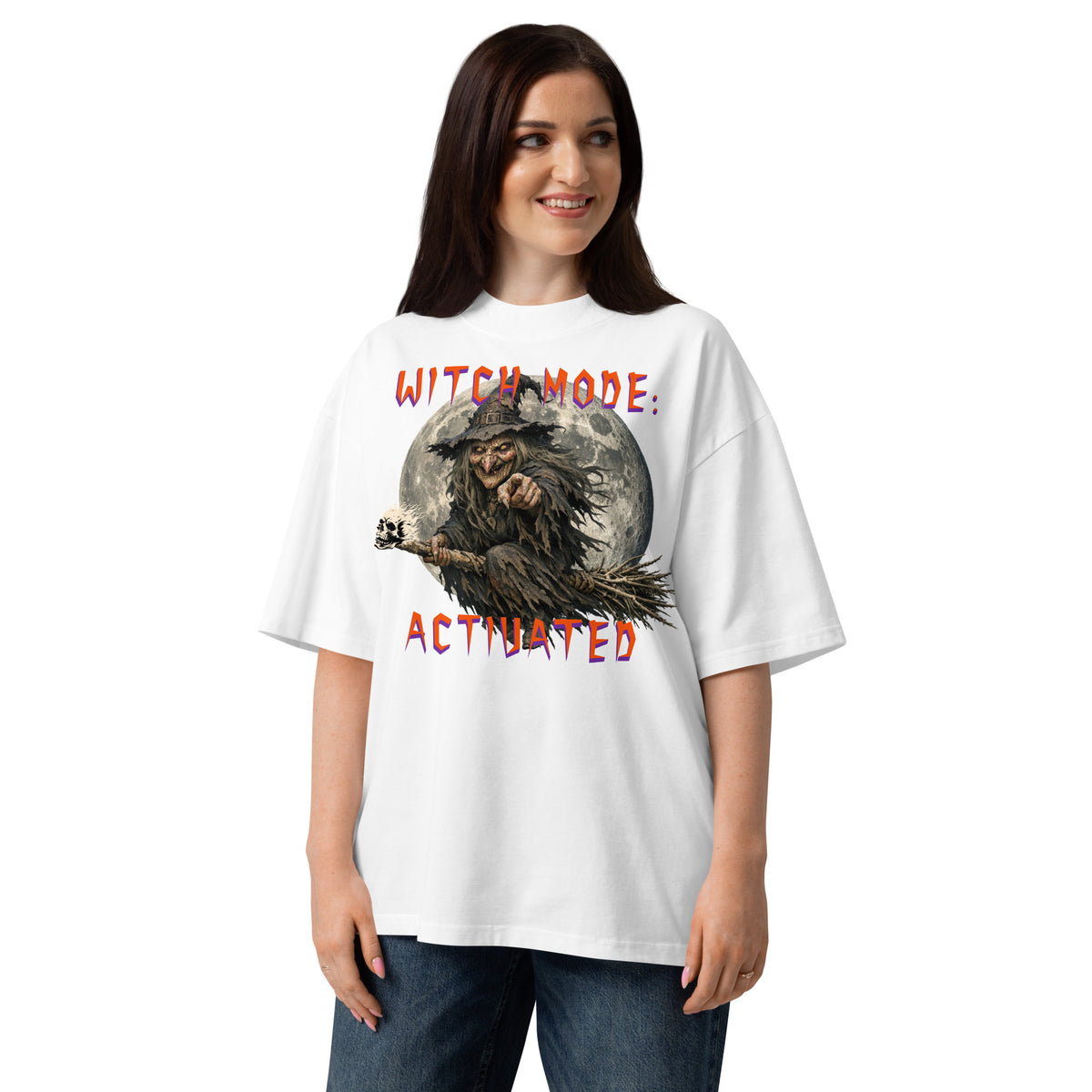 Halloween Witch Mode Unisex organic oversized high neck t-shirt — White — front