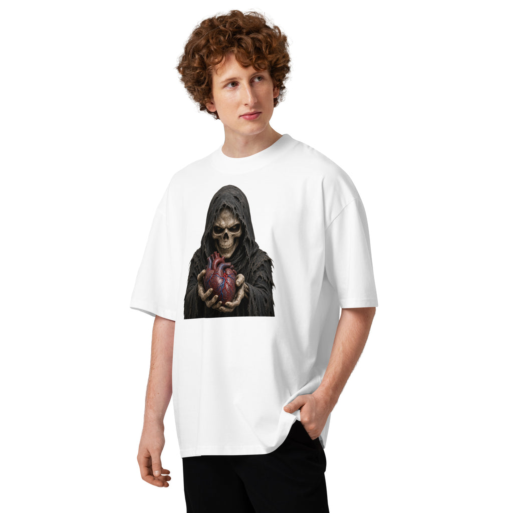 Have A Heart Skeleton Unisex organic oversized high neck t-shirt — White — front