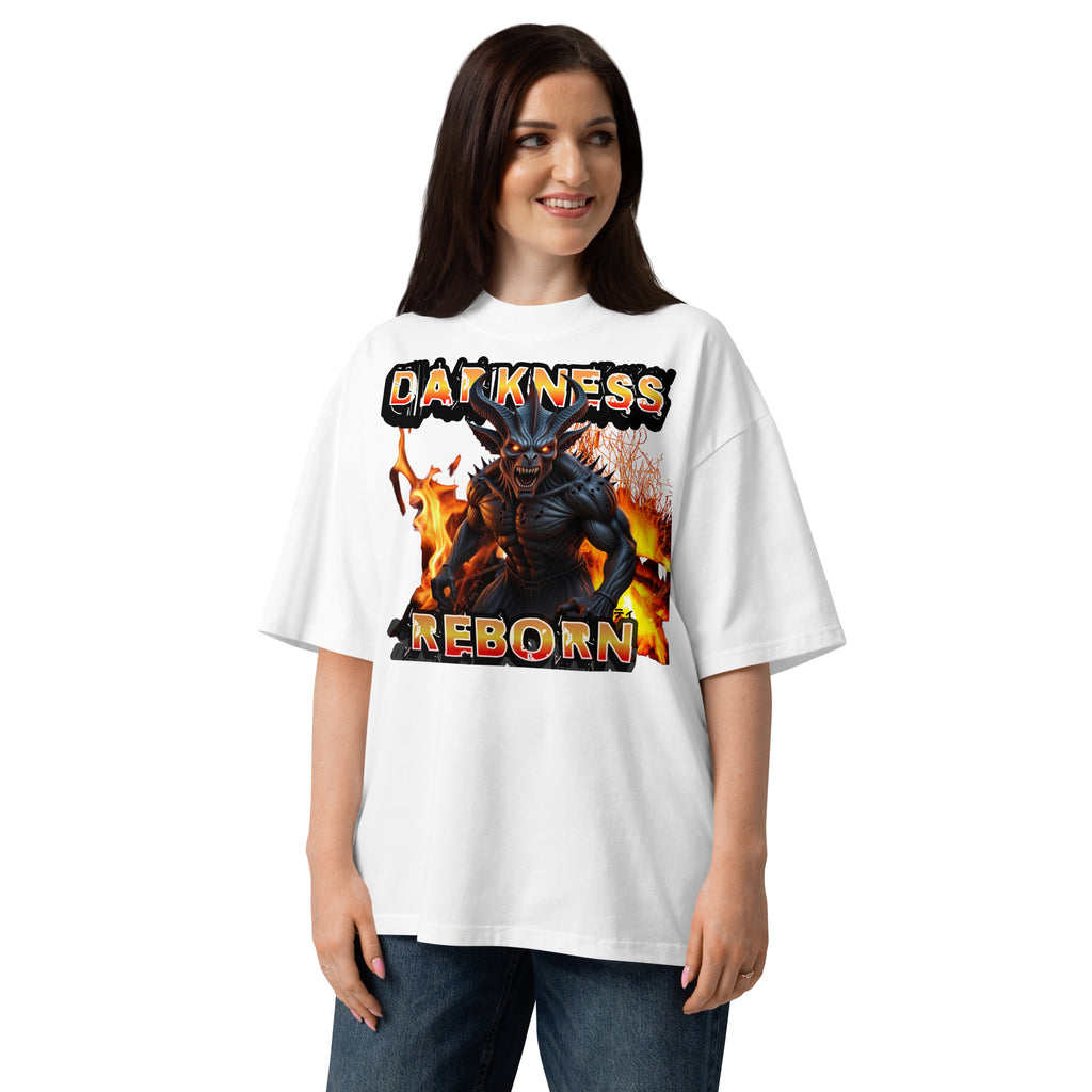 Hellfire Reborn Beast Unisex organic oversized high neck t-shirt — White — front