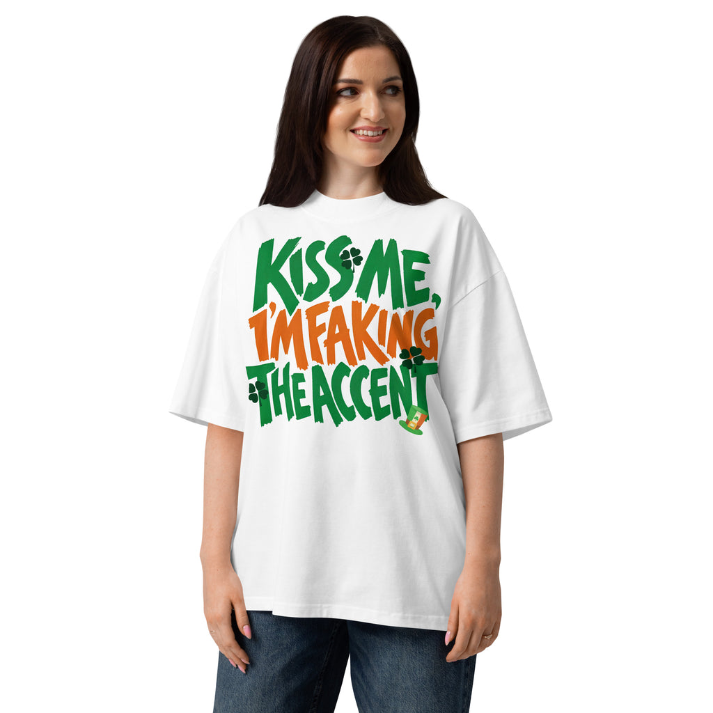 Kiss Me Faking Accent Unisex organic oversized high neck t-shirt — White — front