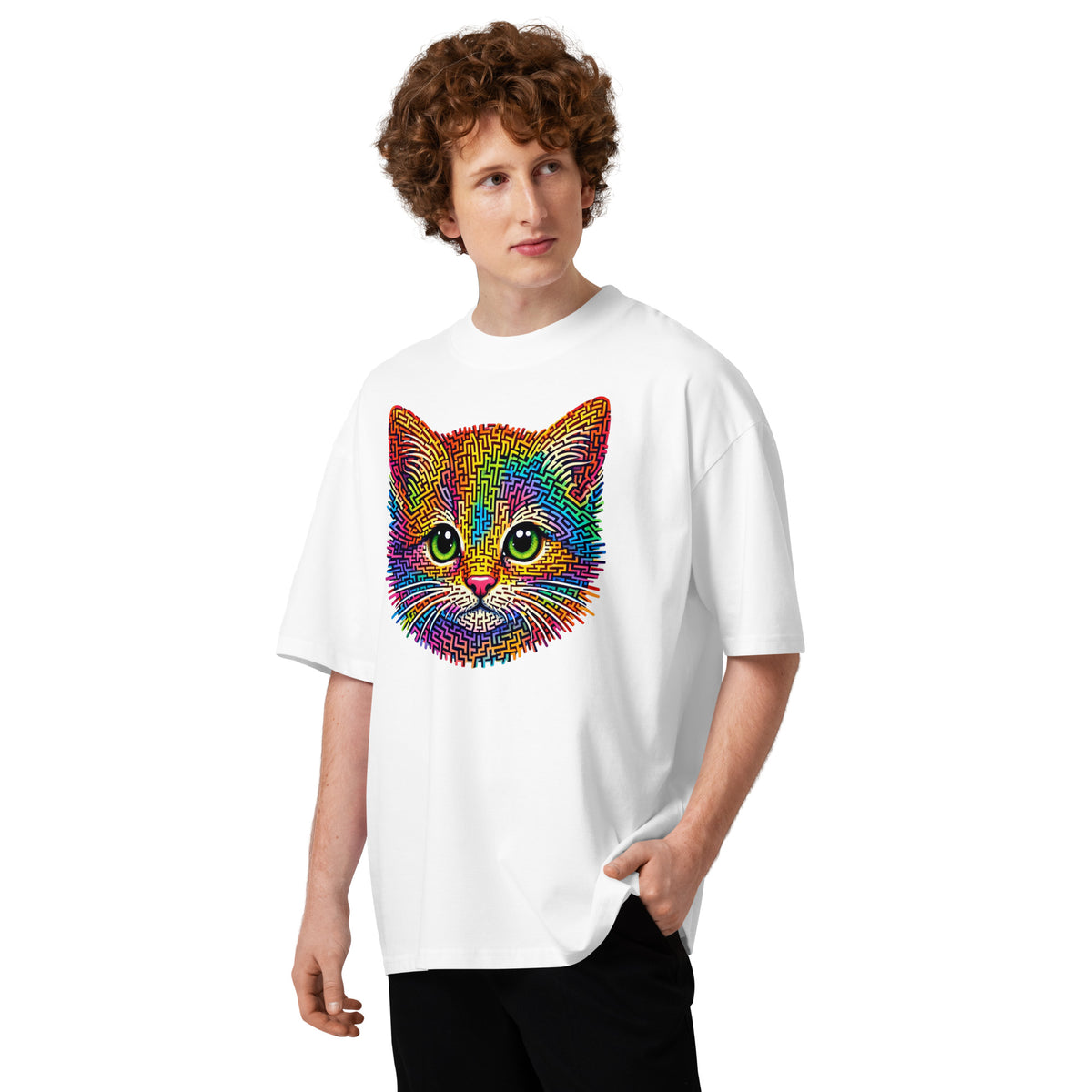 Kitten Face Maze Unisex organic oversized high neck t-shirt — White — front
