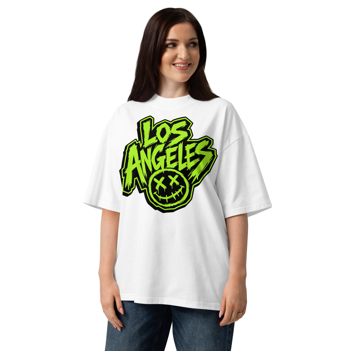 LA Smiles Unisex organic oversized high neck t-shirt — White — front