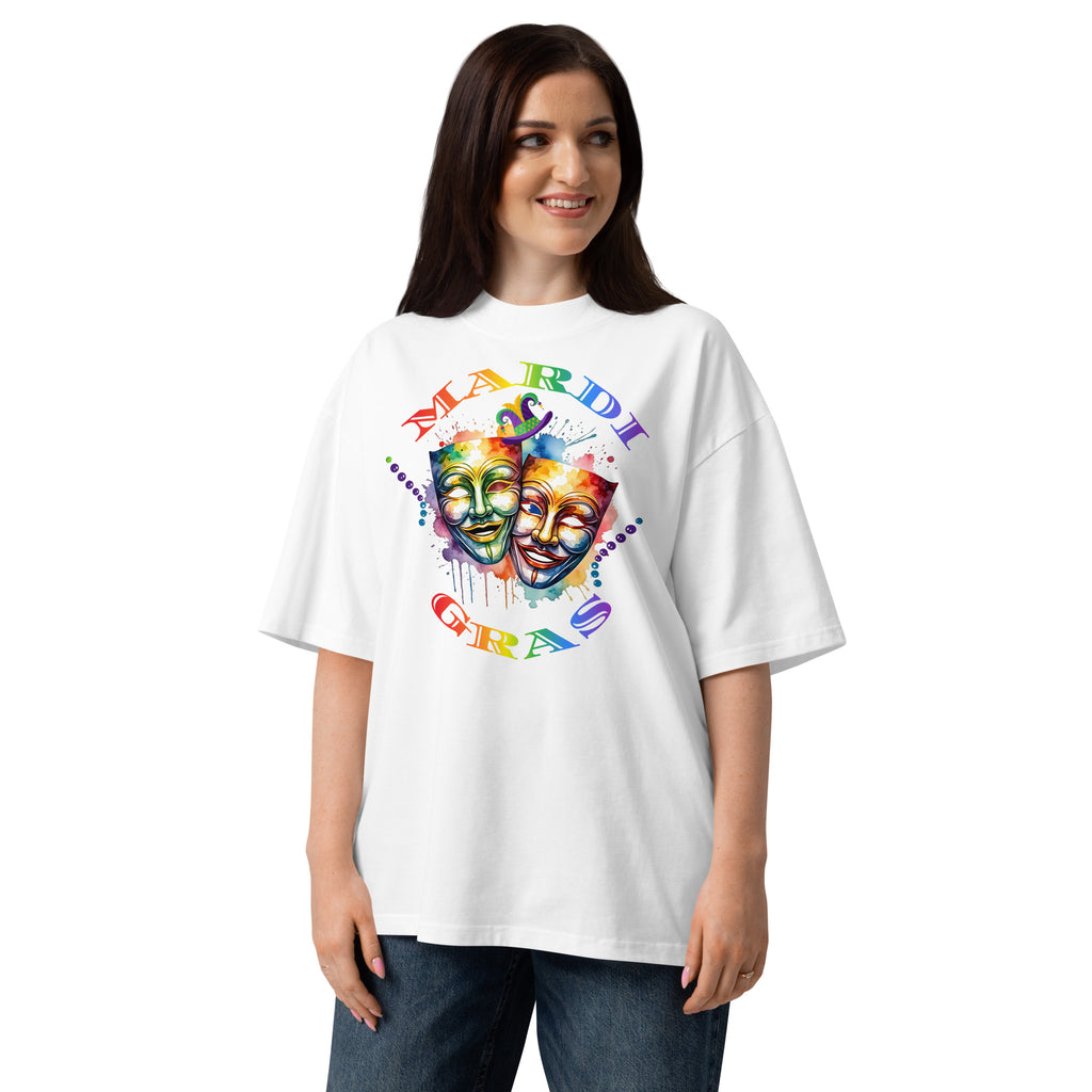 Mardi Gras Masks Unisex organic oversized high neck t-shirt — White — front
