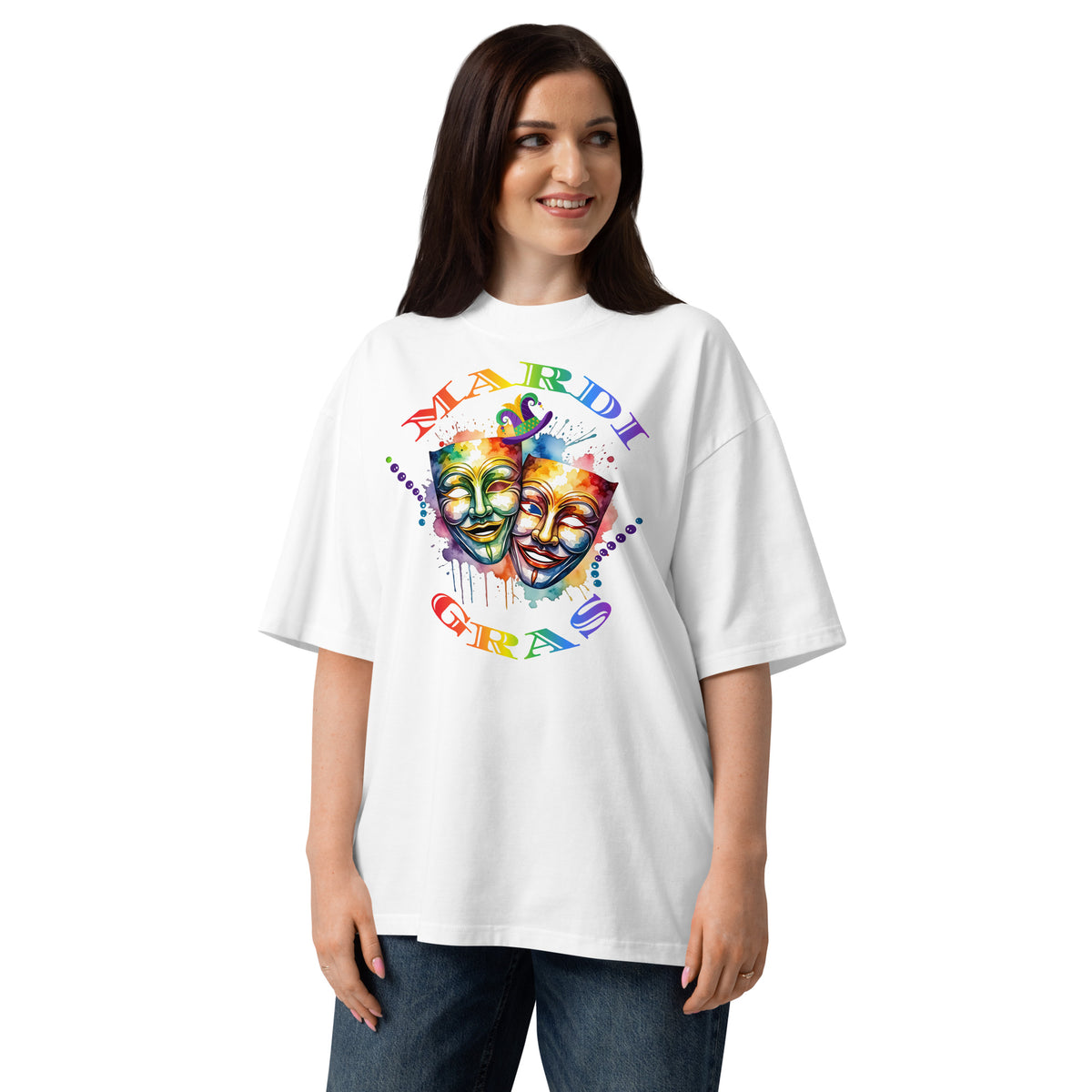 Mardi Gras Masks Unisex organic oversized high neck t-shirt — White — front