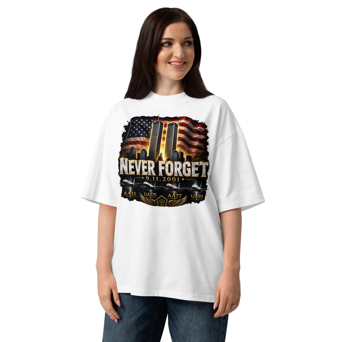 Never Forget 9/11 — Twin Towers Unisex organic oversized high neck t-shirt — White — front