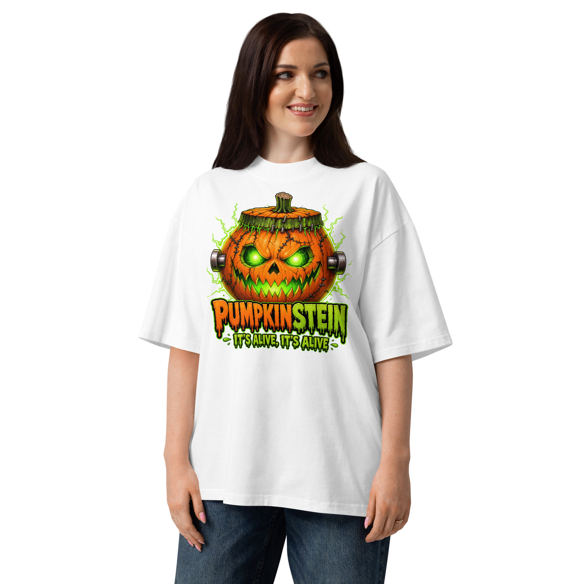 Pumpkinstein Unisex organic oversized high neck t-shirt — White — front