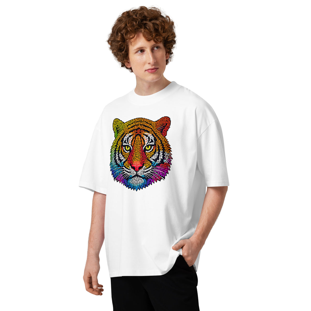 Rainbow Tiger Face Maze Unisex organic oversized high neck t-shirt — White — front