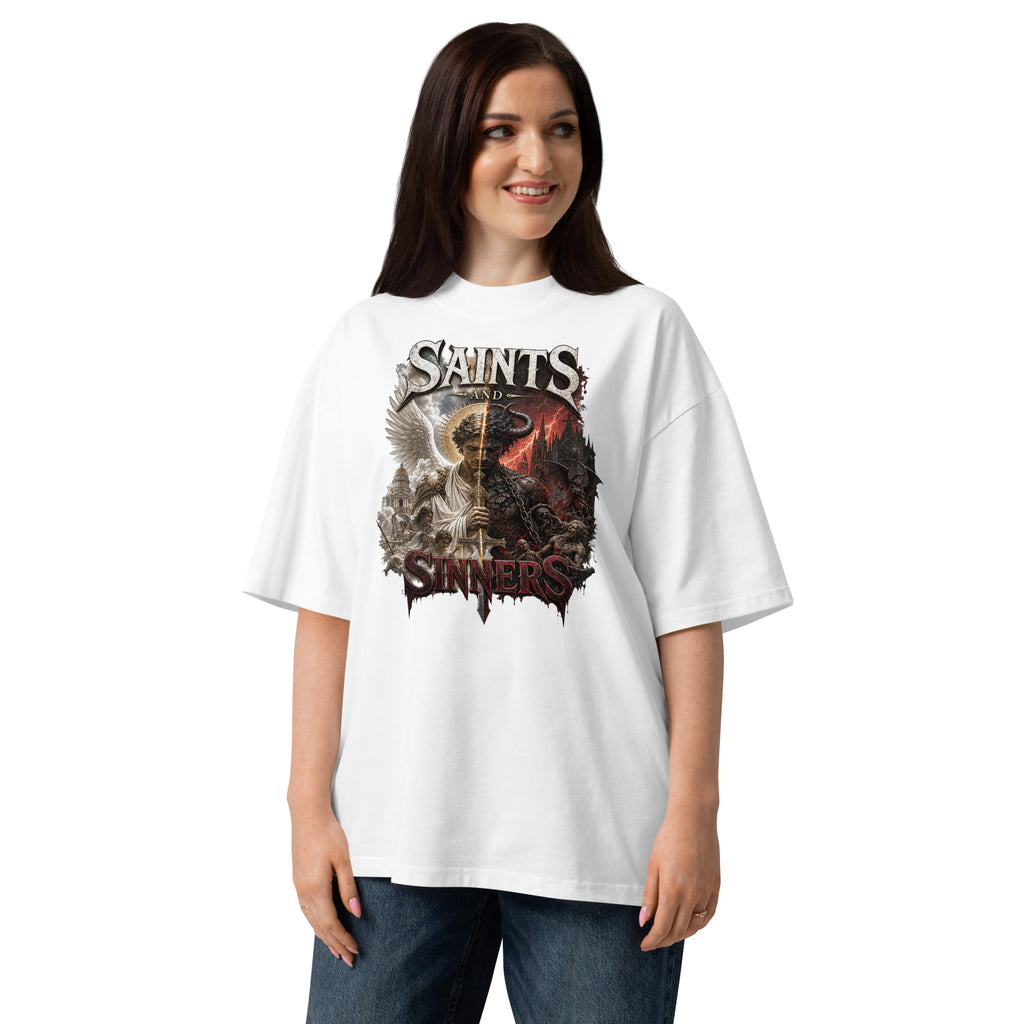 Saints and Sinners Unisex organic oversized high neck t-shirt — White — front