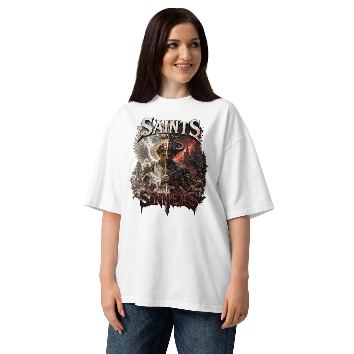 Saints and Sinners Unisex organic oversized high neck t-shirt — White — front