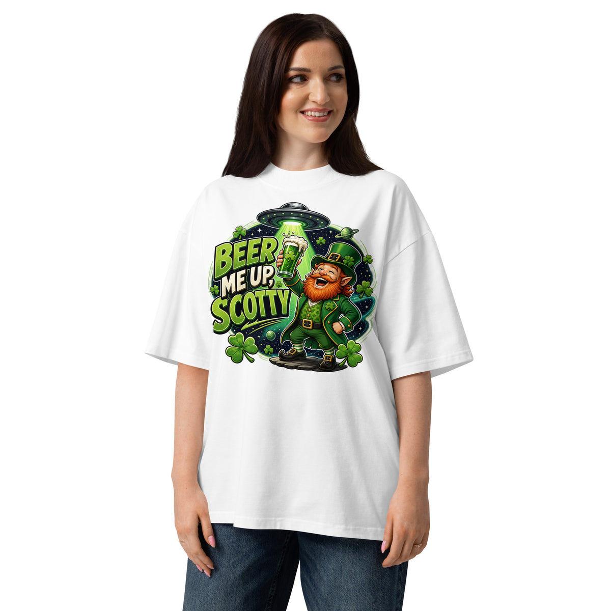 St. Patrick’s Day Cheers Unisex organic oversized high neck t-shirt — White — front