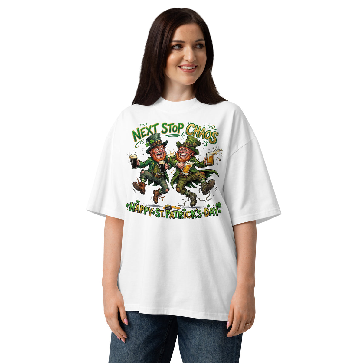 St. Patrick’s Day Chaos Unisex organic oversized high neck t-shirt — White — front