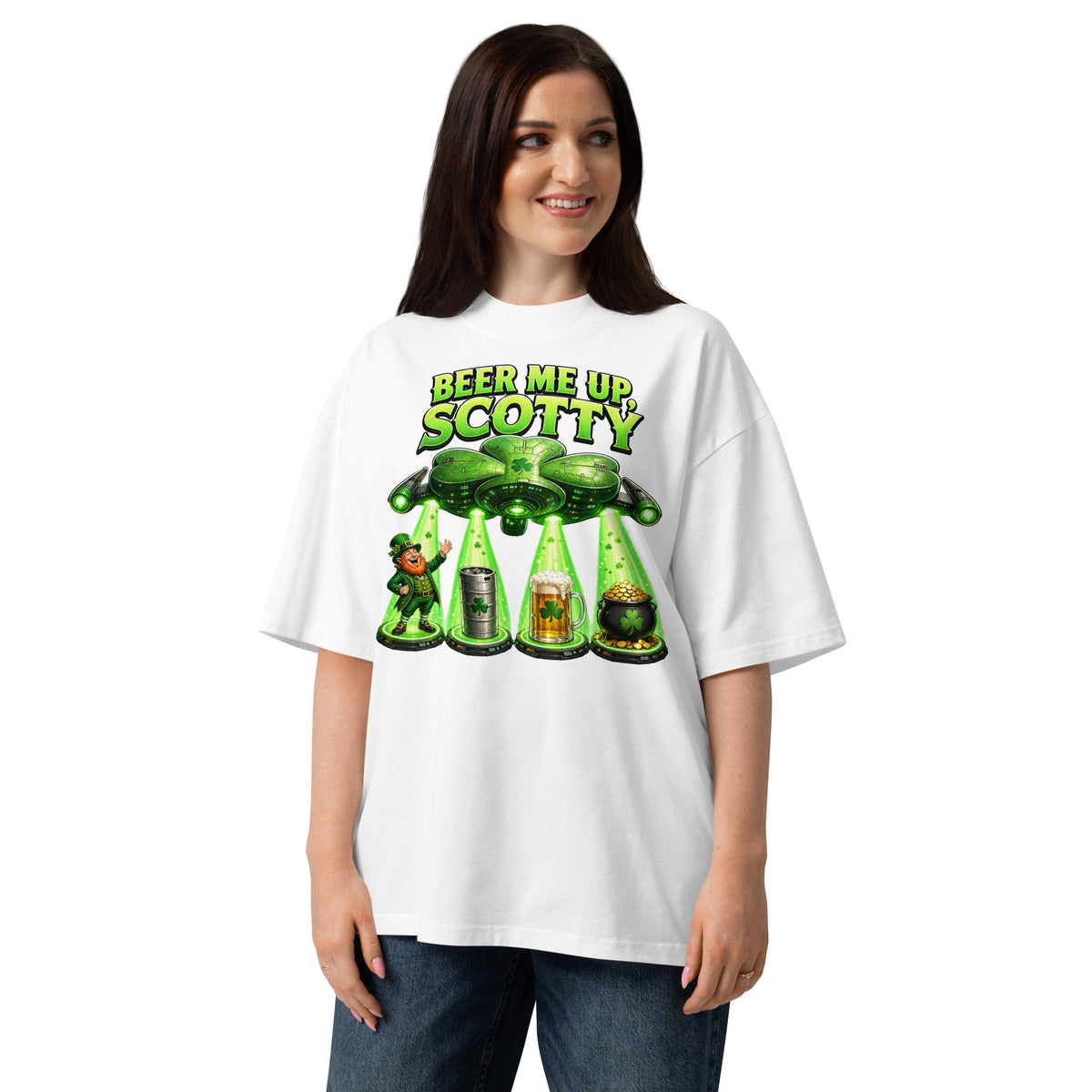 St. Patrick’s Day Spaceship Unisex organic oversized high neck t-shirt — White — front