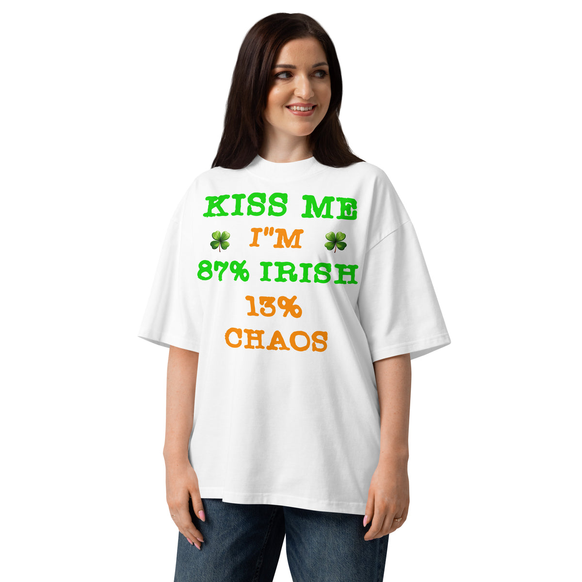 Kiss Me — Irish Chaos Unisex organic oversized high neck t-shirt — White — front