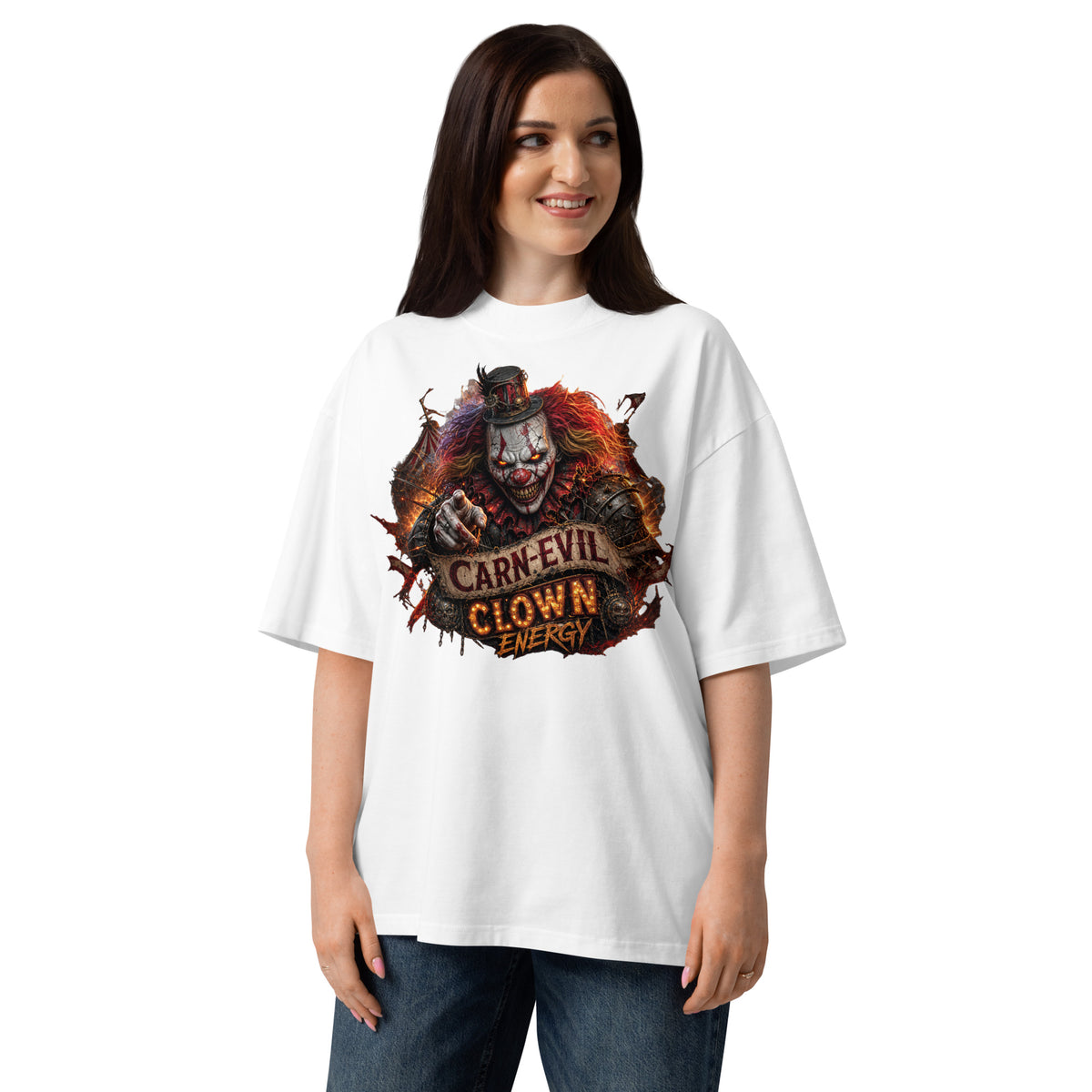 Top Hat Evil Clown Unisex organic oversized high neck t-shirt — White — front