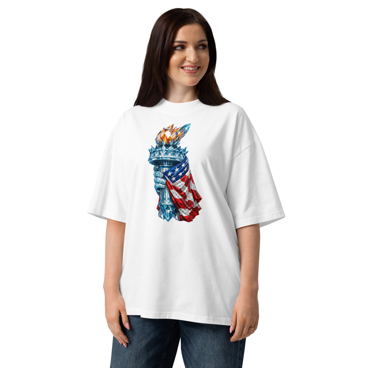 USA Liberty Ice Torch Unisex organic oversized high neck t-shirt — White — front