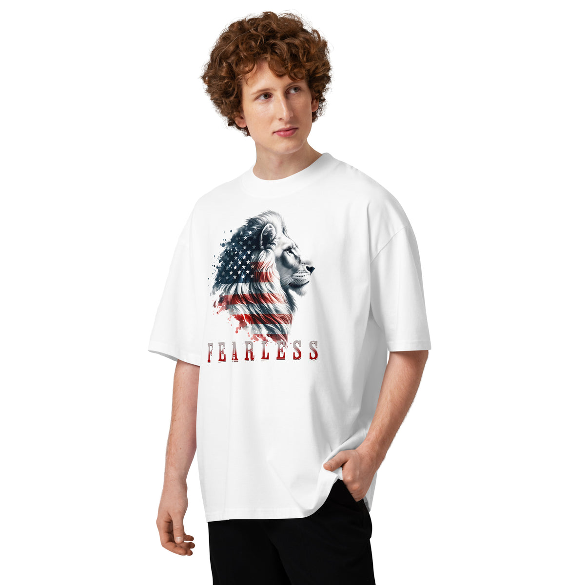 USA Lion Fearless Unisex organic oversized high neck t-shirt — White — front