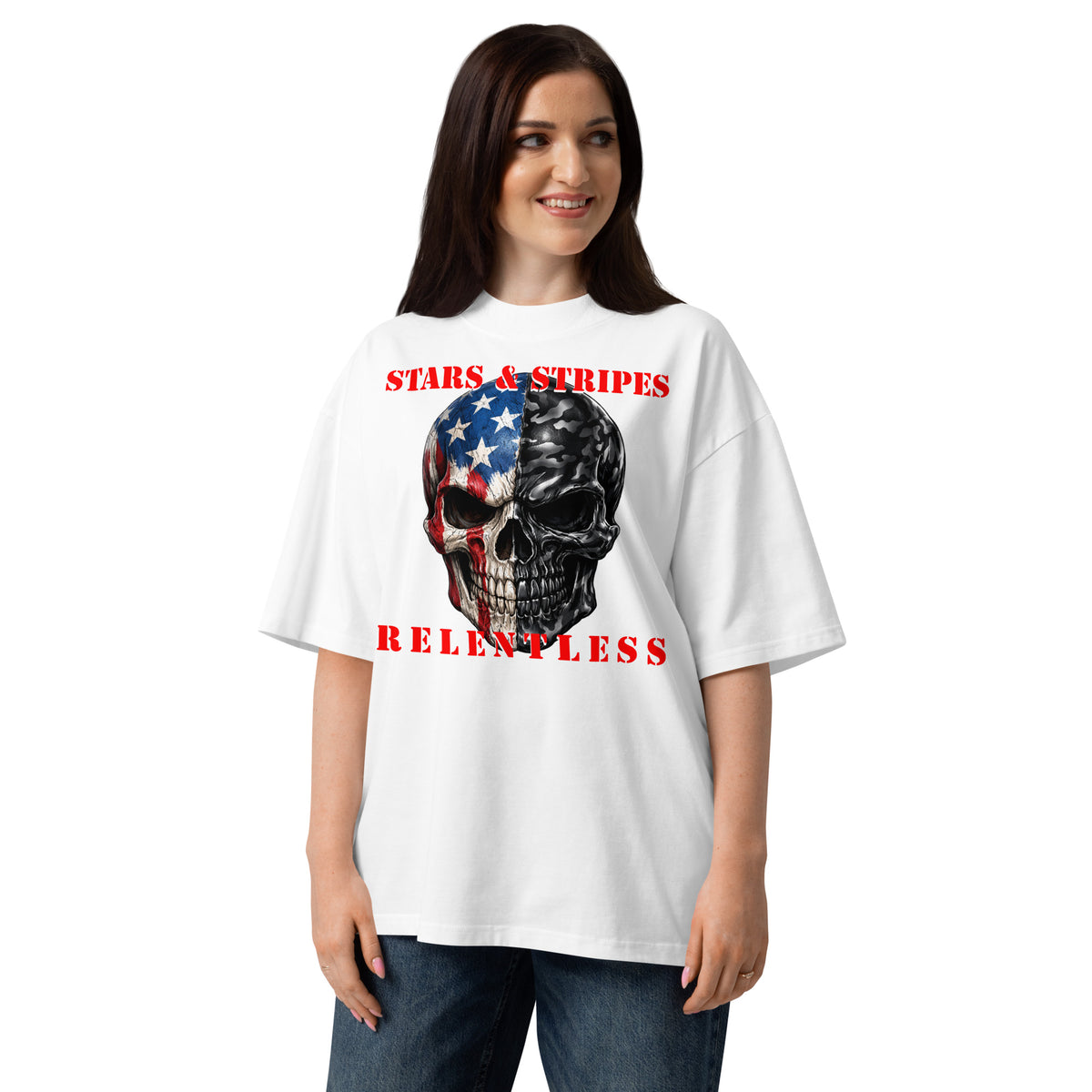 USA Patriotic Camo Skull Unisex organic oversized high neck t-shirt — White — front