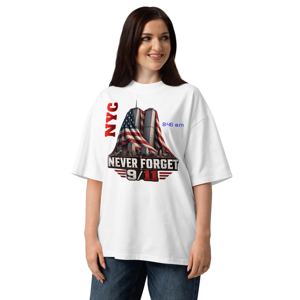 WTC 9/11 Unisex organic oversized high neck t-shirt — White — front