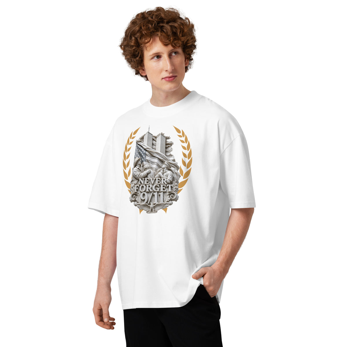 WTC NYC — Never Forget Unisex organic oversized high neck t-shirt — White — front