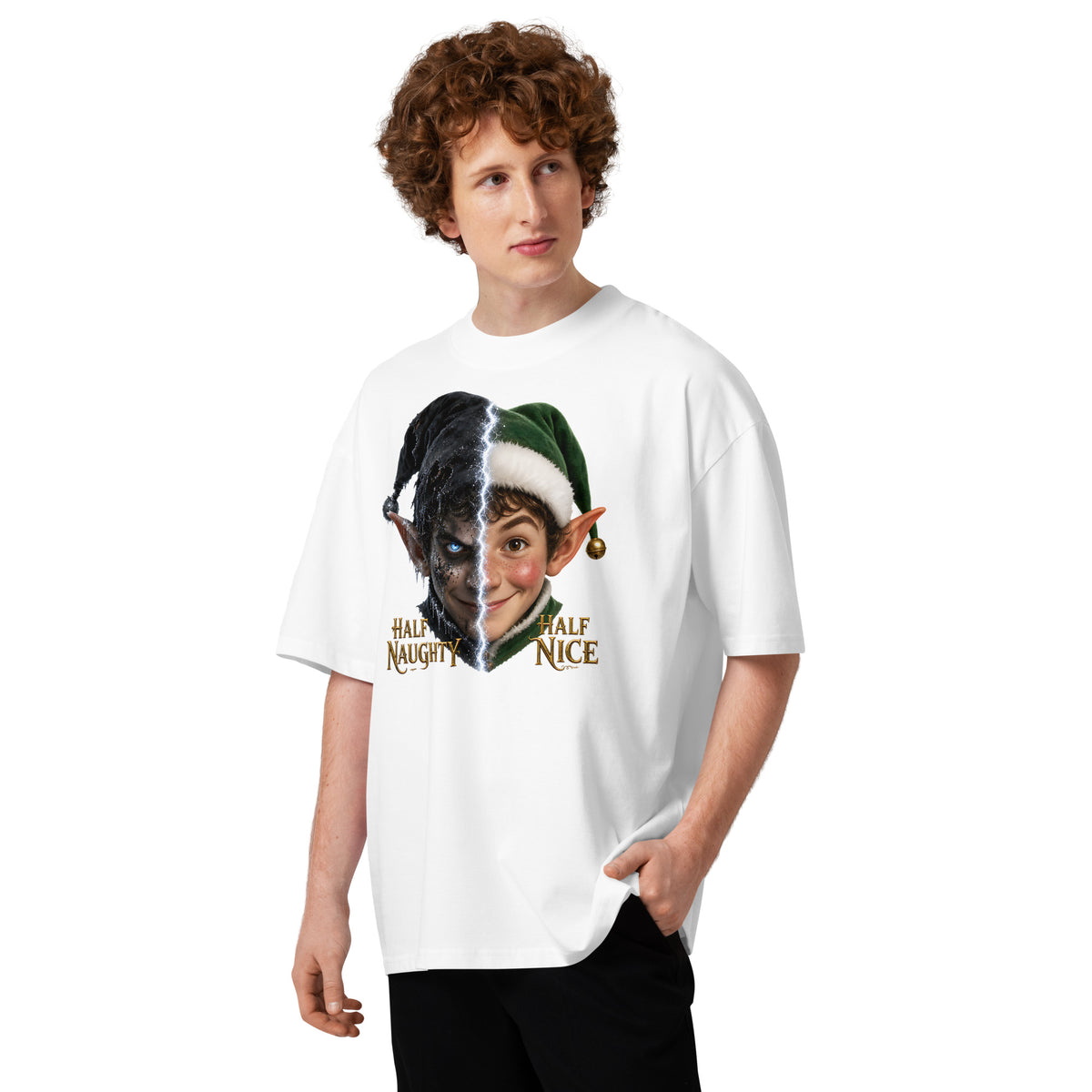 Xmas Elf Twins Unisex organic oversized high neck t-shirt — White — front