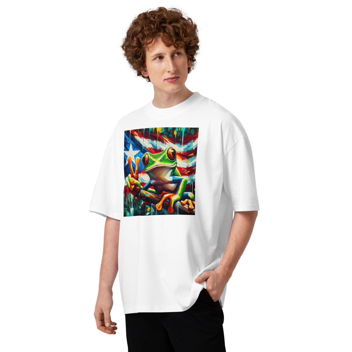 Coqui Frog Unisex organic oversized high neck t-shirt — White — front