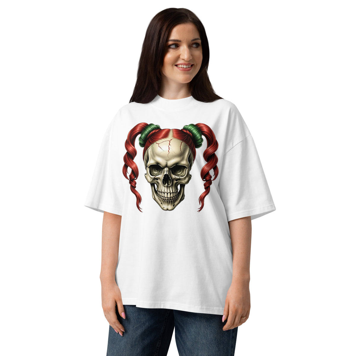 Ponytails Skull Unisex organic oversized high neck t-shirt — White — front