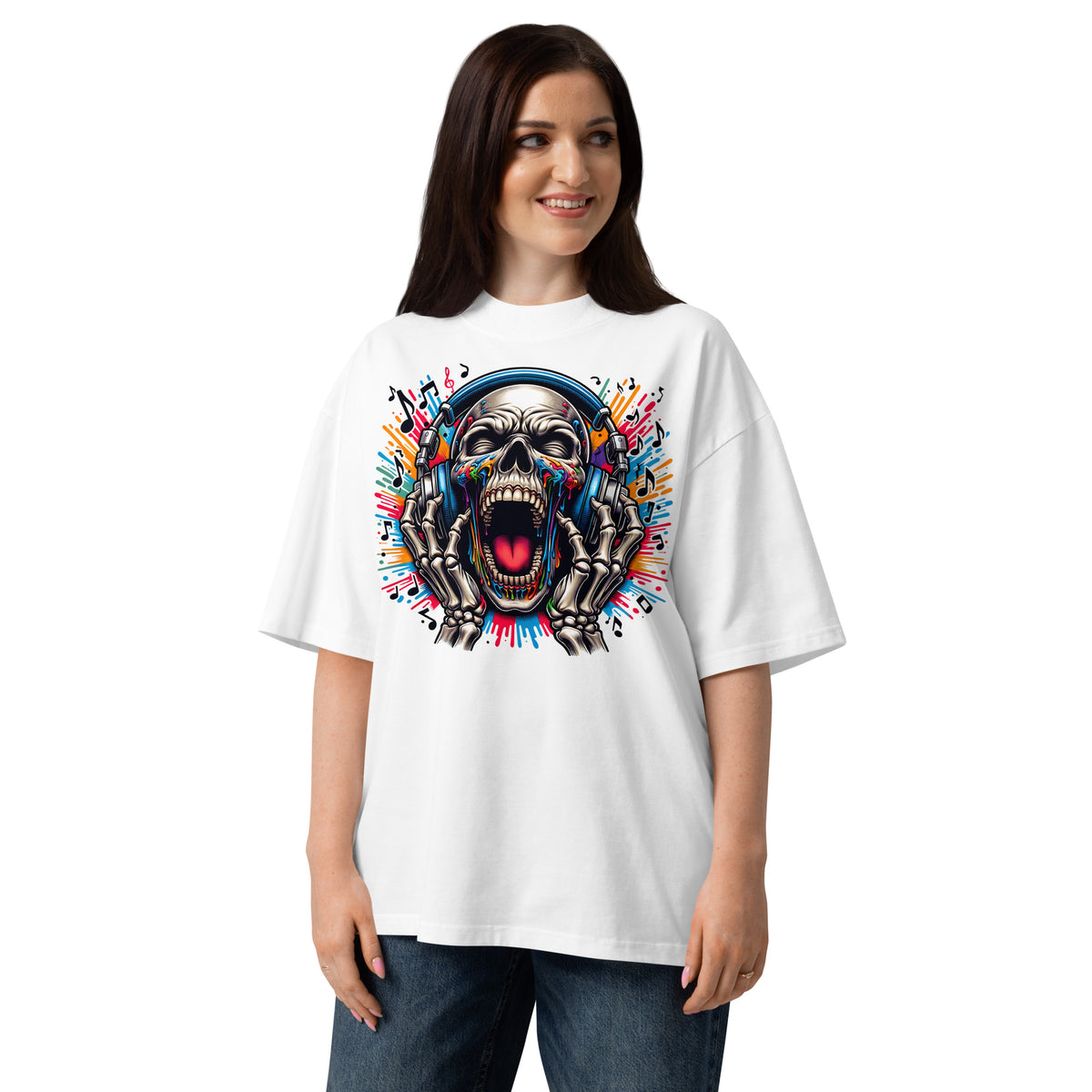 Screaming Skeleton Unisex organic oversized high neck t-shirt — White — front