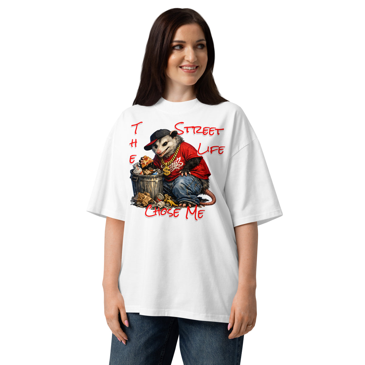 NY Possum Life Unisex organic oversized high neck t-shirt — White — Women's model, front