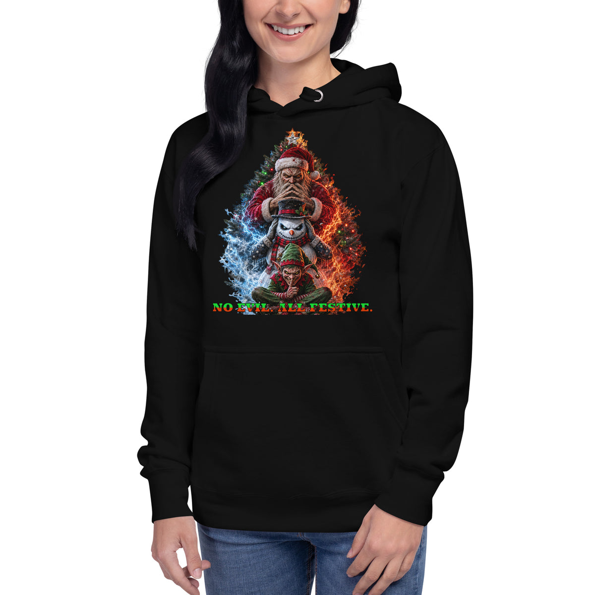 No Evil Xmas Unisex Hoodie — Black — Women's model, front
