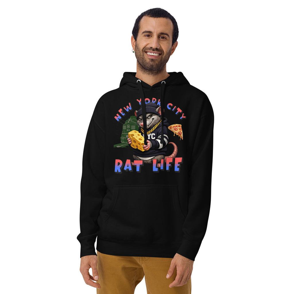 NYC Rat Life Unisex Hoodie — Black — Men's 2 model, front