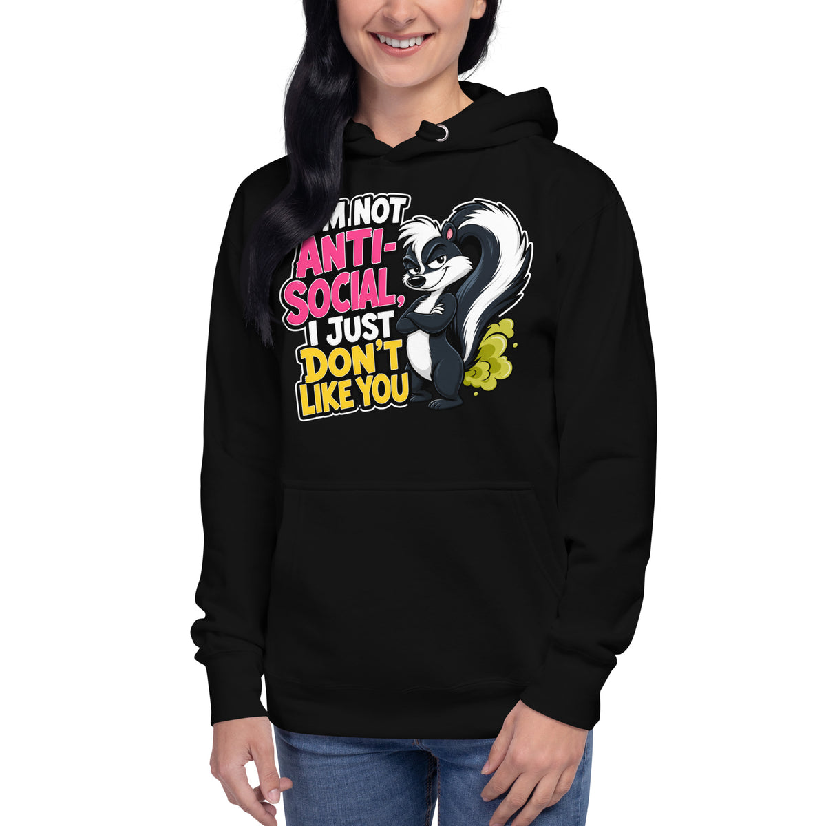Anti Social Skunk Unisex Hoodie — Black — front