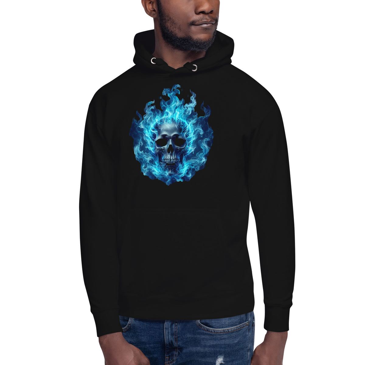 Blue flaming skull Unisex Hoodie — Black — front