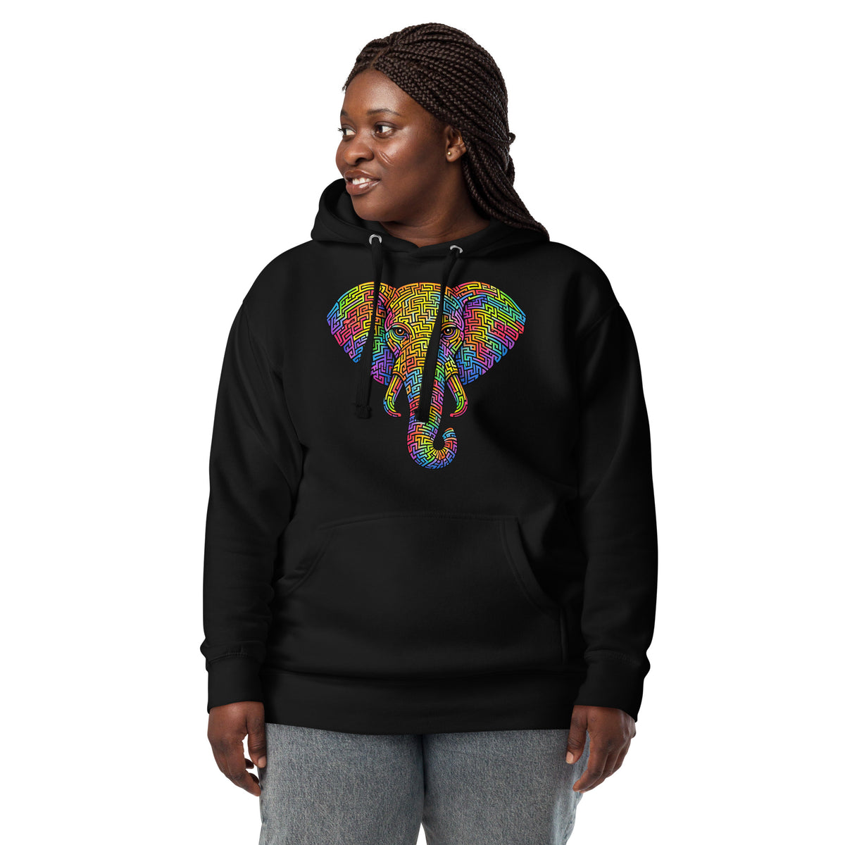 Elephant Face Maze Unisex Hoodie — Black — front