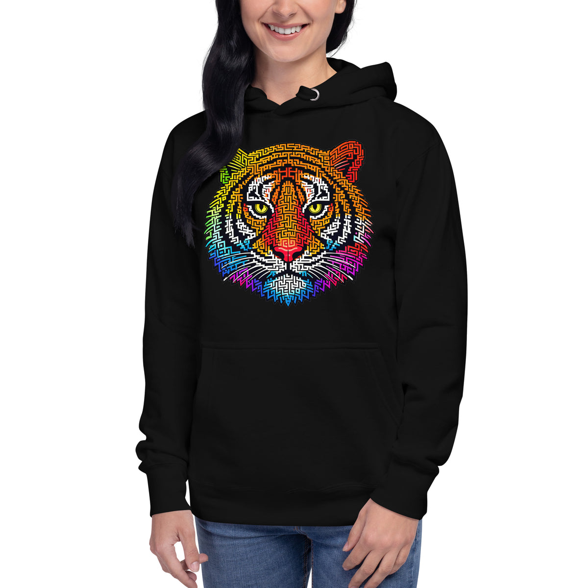 Rainbow Tiger Face Maze Unisex Hoodie — Black — front