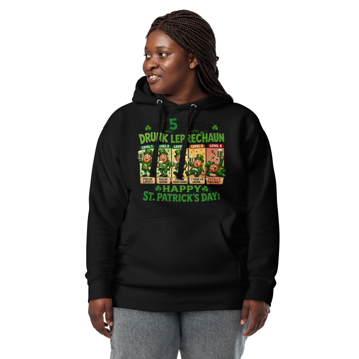 Five Levels of Leprechaun Unisex Hoodie — Black — front