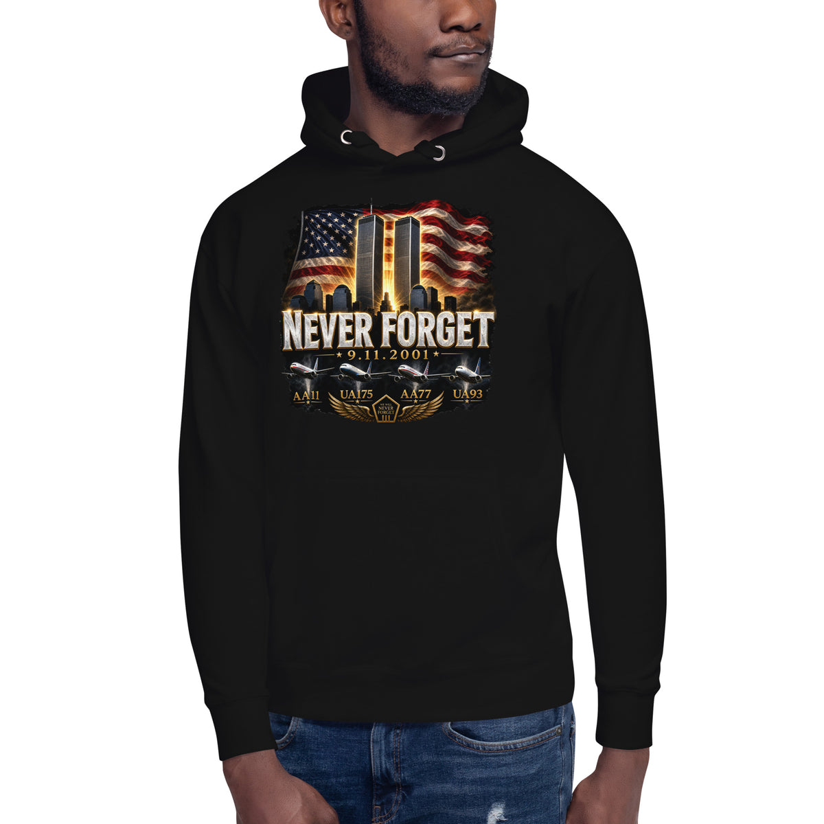 Never Forget 9/11 — Twin Towers Unisex Hoodie — Black — front