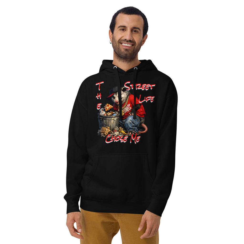 NY Possum Life Unisex Hoodie — Black — Men's 2 model, front