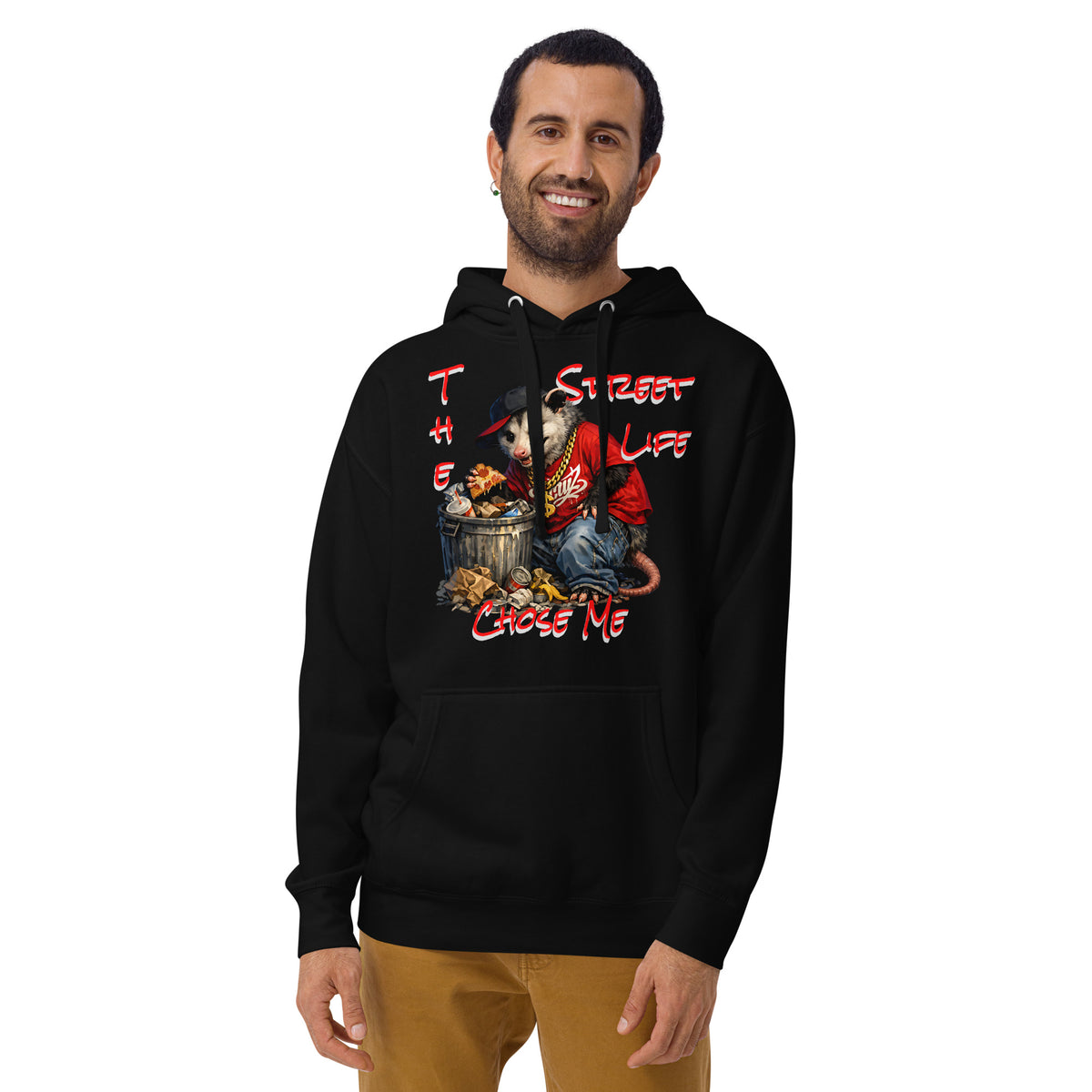 NY Possum Life Unisex Hoodie — Black — Men's 2 model, front